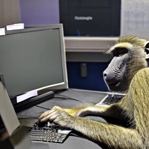 Image similar to a baboon programming, in the office