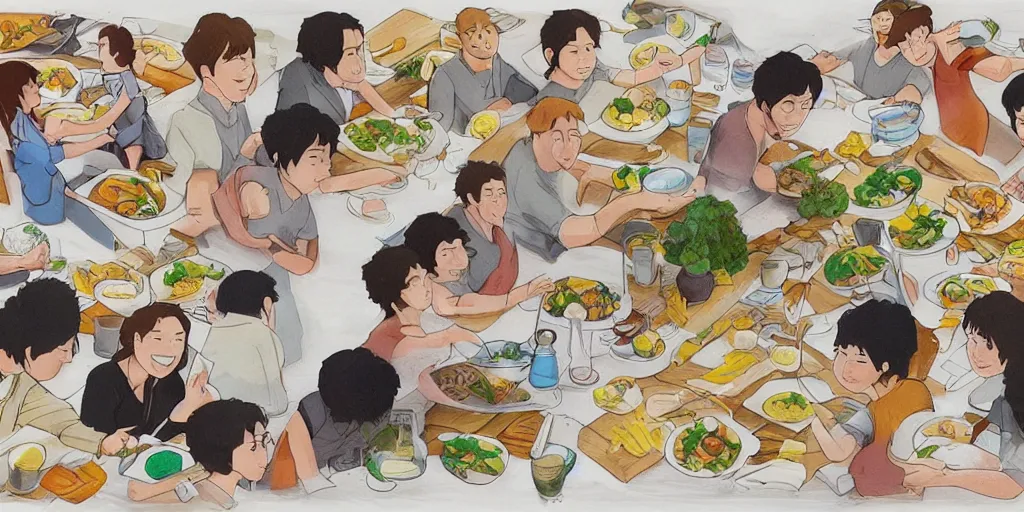 Prompt: drawing of work colleagues of a design studio get together to feast on a big table with lots of food in the style of studio ghibli