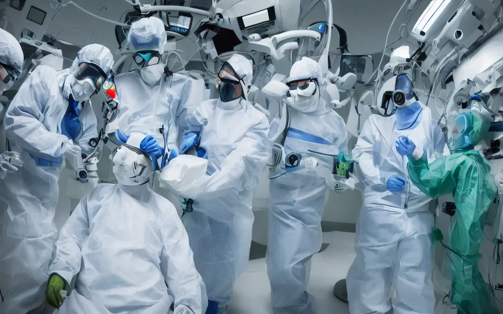 Image similar to medical, diverse medical cybersuits team, heart operation, clean green, visor, macro, biological, wide wide angle, vivid, elaborate, highly detailed, hospital lighting