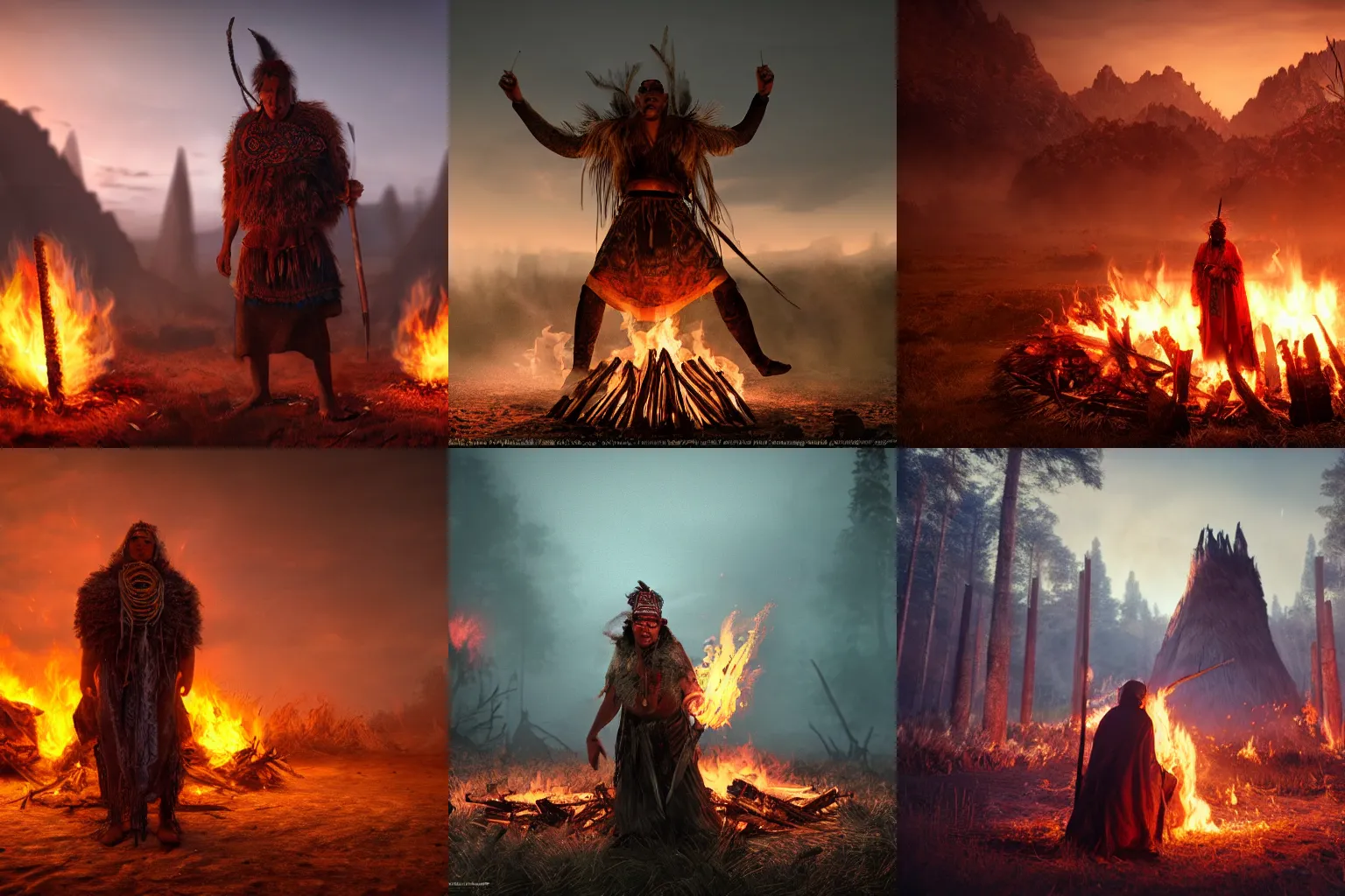 Image similar to shaman behind bonfire twilight hyper realistic cinematic art 4 k great view high quality