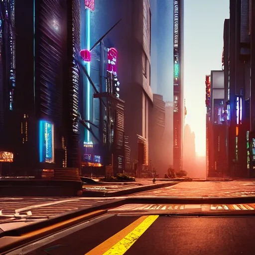 Prompt: cyberpunk cityscape like tokyo newyork street with tall buildings at dusk golden hour cinematic lighting, epic composition. A golden daylight, hyper-realistic environment. Hyper and intricate detail, photo-realistic. Cinematic and volumetric light. Epic concept art. Octane render and Unreal Engine, trending on artstation-H 768