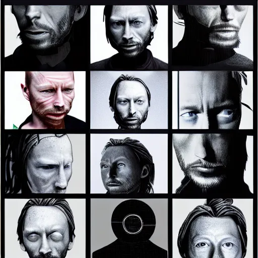Prompt: version collage, hyper realistic, many variations of very old thom yorke, face variations, statue of ultron body, very long shot, cybernetic, high quality, brush stroke