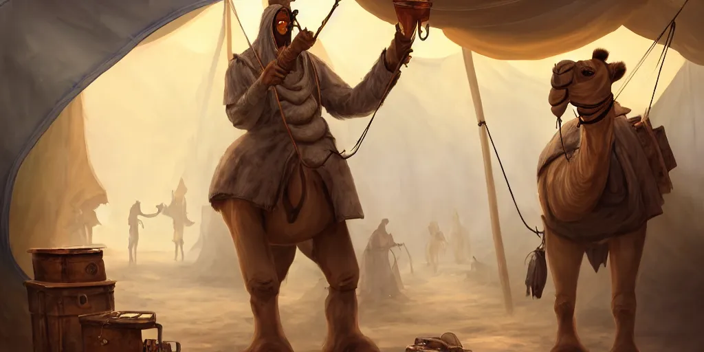 Prompt: a camel - like anthropomorphic merchant trader in a tent, chrome mechas, matte oil painting, retrofuturistic, concept art, science fantasy, mutant, lgbt, queer, rpg, epic, rusted, white salt, badlands, jungles, dungeons & dragons, sacred, sharp focus, award - winning, extremely detailed, 4 k, 8 k