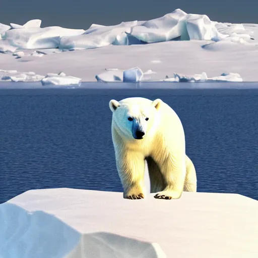 Prompt: A white polar bear stuck on a small iceberg in the sea looking at polar bear mom which is on another iceberg in the background, realistic digital art