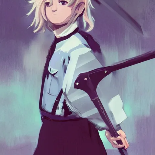 Image similar to ilya kuvshinov with long hair, sky blue hair, hazel eyes, boyish face, wielding a sword and shield, professional digital painting, concept art, award - winning photography, cinematic, forest background, awe, regal, wlop, art by andy warhol, pixiv art, yoshitaka amano