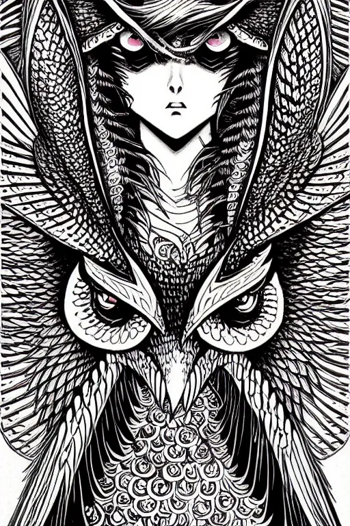 Prompt: illustration of a fire breathing owl in a suit, intricate linework, in the style of moebius, ayami kojima, 1 9 9 0's anime, retro fantasy