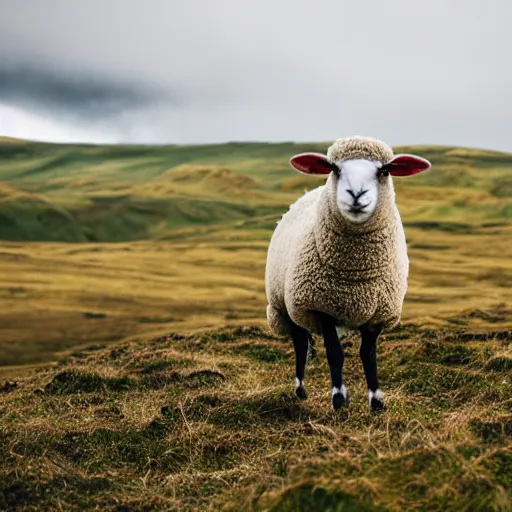 Prompt: portrait photo of a sheep wearing a sweater, iceland, grey sky, green hills, taken by Nikon, movie still,