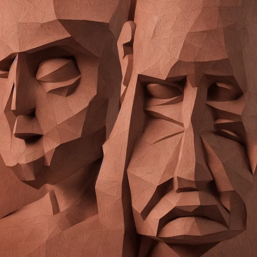 Prompt: public sculpture low - poly portrait of a powerful stern woman, beautiful symmetrical face realistic proportions, carved out of a red oak wood on a pedestal by stephan balkenhol and martin puryear, hyperrealistic dramatic lighting trending on artstation 8 k