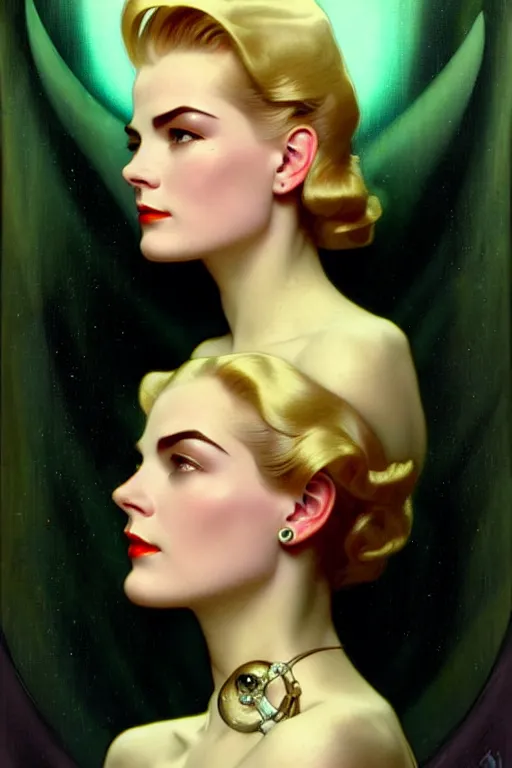 Image similar to young and beautiful evil cyborg grace kelly by steichen from the future in the style of tom bagshaw, alphonse mucha, gaston bussiere, cyberpunk. anatomically correct surreal body mods. extremely lush detail. masterpiece. melancholic scene infected by night. perfect composition and lighting. sharp focus. high contrast lush surrealistic photorealism. sultry expression on her face.