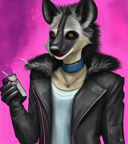 Image similar to digital painting of anthromorphic hyena female smoking cigarrete, fursona, furry fandom, furaffinity, neon rainy cyberpunk setting, anthro, wearing cyberpunk leather jacket, detailed face, blade runner, zootopia style,