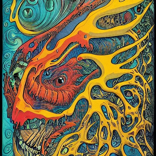 Prompt: madness creature, fluid, smooth, organic, crazy, bright, colours, tumours, high contrast, sharpness, dramatic, very detailed, intricate, by windsor mckay