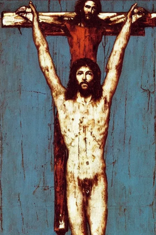 Image similar to jesus christ crucified painted by cy twombly and andy warhol