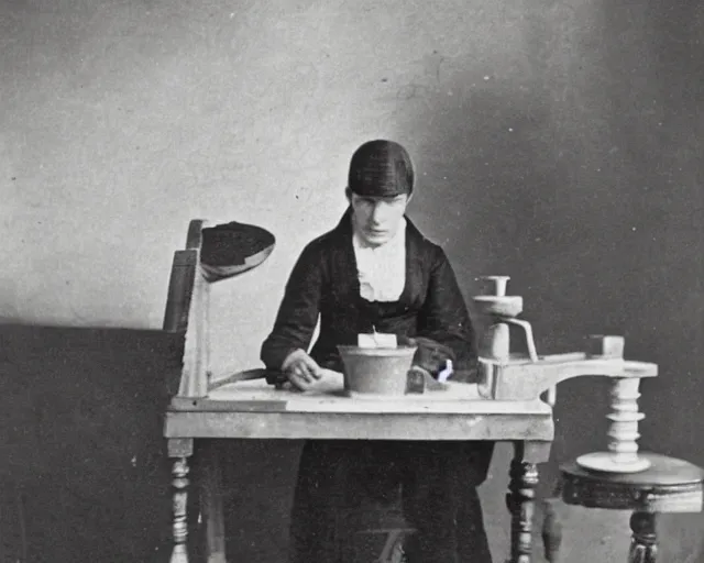 Image similar to an early 1800s photo of someone sitting at a computer making a donut in blender