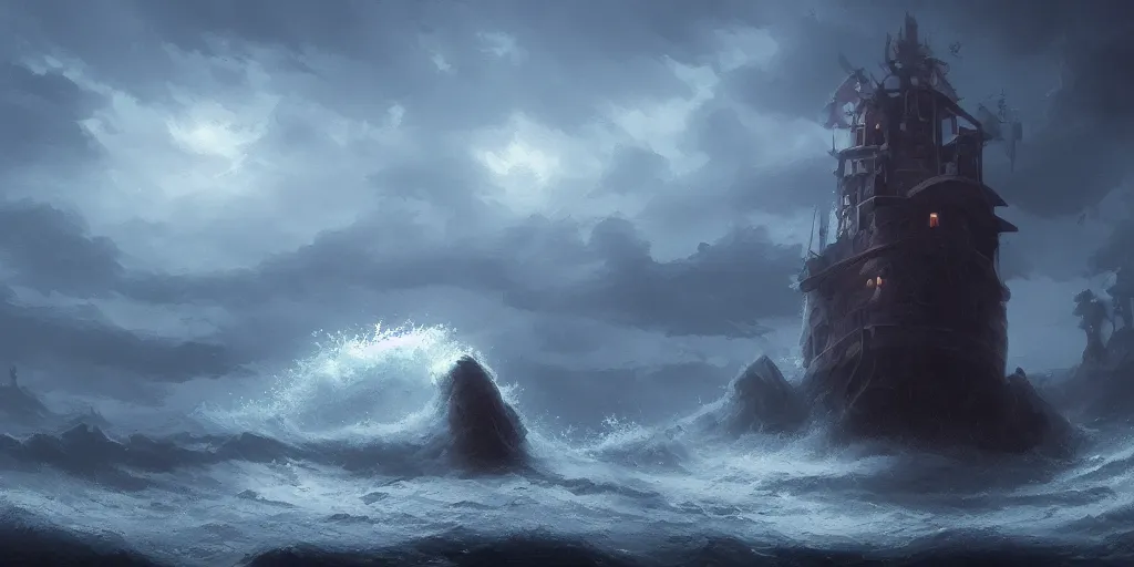 Prompt: Drifting in the ocean all alone, by Andreas Rocha + Ted Nasmith, dark, cinematic lighting, masterpiece, highly detailed, 8k resolution, trending on art station