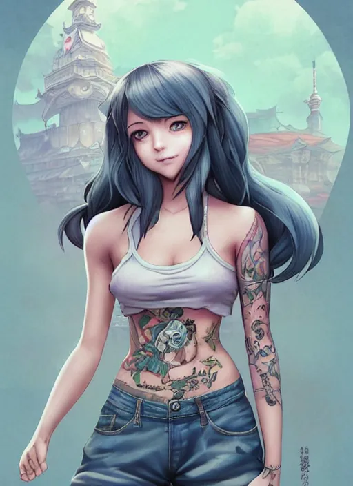 Image similar to character portrait of a female anthro pig with a pigtail and a cute beautiful attractive detailed female pig face wearing a tanktop and slacks standing outside a city tattoo parlor with arm tattoos. Character design by charlie bowater, ross tran, artgerm, and makoto shinkai, detailed, inked, western comic book art