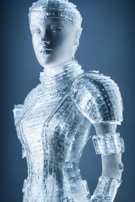 Prompt: a sculpture of female knight made of ice, symmetry, cinematic, elegant, luxury, perfect light, perfect composition, dlsr photography, sharp focus, 8 k, ultra hd, sense of awe, highly detailed, realistic, intricate