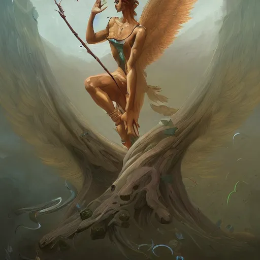 Image similar to painting of an angel made out of trees in the style of peter mohrbacher, highly detailed, epic composition, trending on artstation