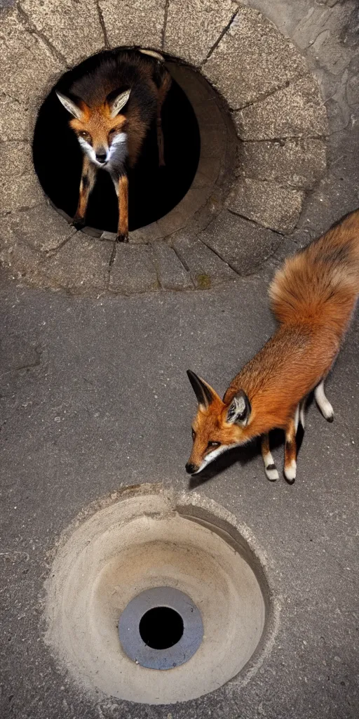 Image similar to a fox is hidden inside a manhole trying to jump out meanwhile a curious goat is looking at him from the exterior, 4k photography flash