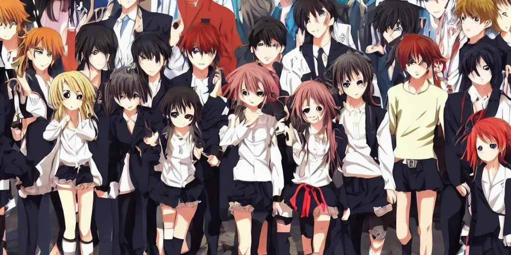 Image similar to 2 anime girls posing with 6 anime boys