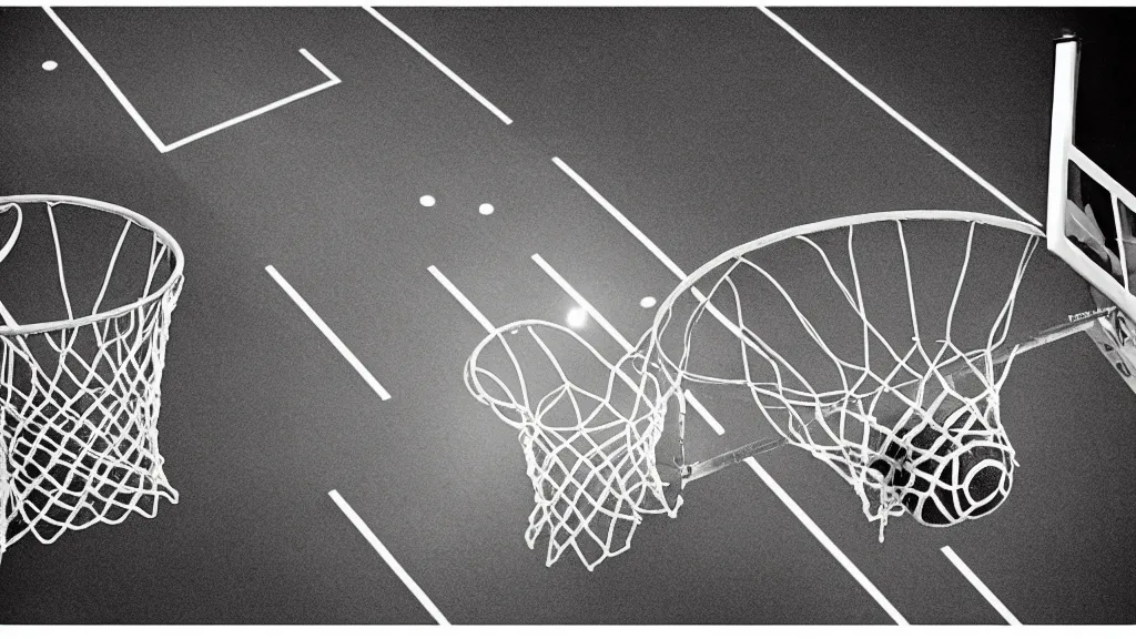 Prompt: a photograph of a basketball rebound from above the rim, in the styles of a nike advertisement, and ansel adams