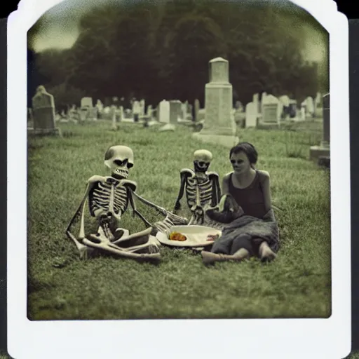 Image similar to old polaroid of a skeleton family doing a picnic in the cemetery