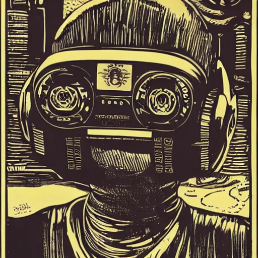 Image similar to Illustrated by Shepard Fairey and H.R. Giger | ((Cyberpunk Van Gogh with VR helmet, surrounded by cables))