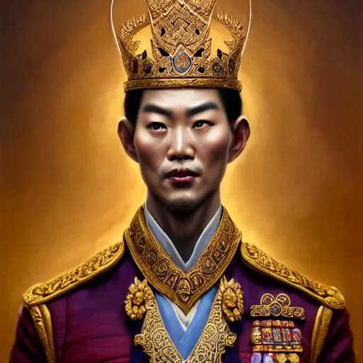 Prompt: dark tall and handsome korean male dressed as king ramkhamhaeng of sukhothai, intricate, highly detailed, centered, digital painting, artstation, concept art, smooth, sharp focus, illustration, artgerm, tomasz alen kopera, peter mohrbacher, donato giancola, joseph christian leyendecker, wlop, boris vallejo