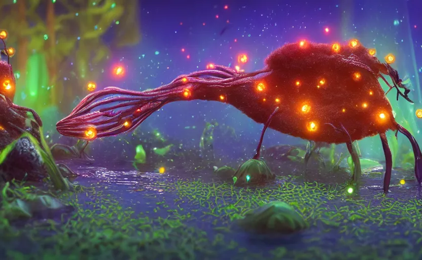 Image similar to foxfire fungi, fireflies, expressive eyes, floating, rbc, radiolaria, protophyta, micro - organisms, center frame, symmetric, rim light, marine microbiology, bioluminescence, electric, fur, soft, concept art, intricate details, highly detailed, colorful, photorealistic, disney pixar, octane render