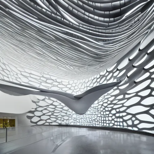 Image similar to stunning beautiful futuristic museum interior by Coop Himmelblau, Zaha Hadid, dragonfly wings pattern