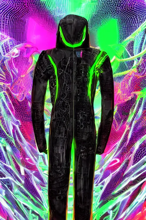 Image similar to photo of a jump suit, band merchandise, bandname is tripmachine, realistic digital art, jump suit is printed with a 3 d render of a huge futuristic steampunk generator, 8 k, fluorescent colors, halluzinogenic, multicolored, exaggerated detailed, unreal engine