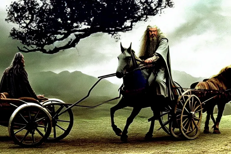 Image similar to gandalf riding into the shire on a horse drawn cart, style of h. r. giger, cinematic, movie still, cgi, directed by ridley scott