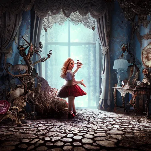 Image similar to alice in wonderland 3 d, horror atmosphere, scarry, octane render, intricate, hyper detailed, morning light, well rendered