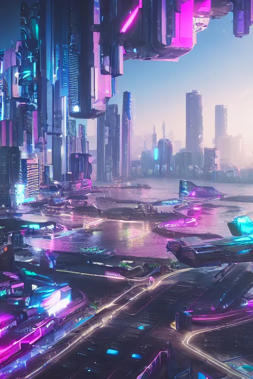 Image similar to cyberpunk city palm beach, a lot of future technologies, flying cars, unreal engine, octane render, epic scale, cinema view, 8 k