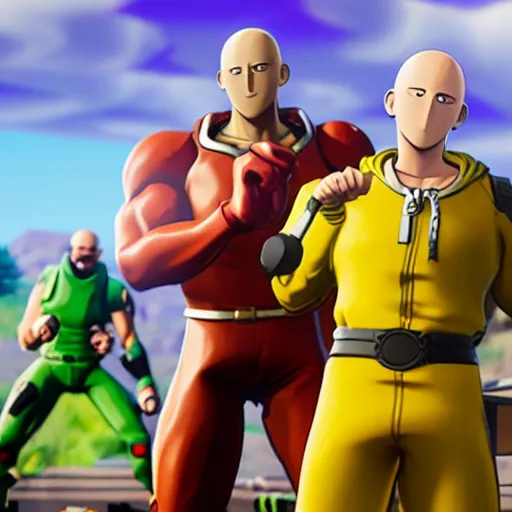 Image similar to one punch man in fortnite, character render, full body shot, highly detailed, in game render