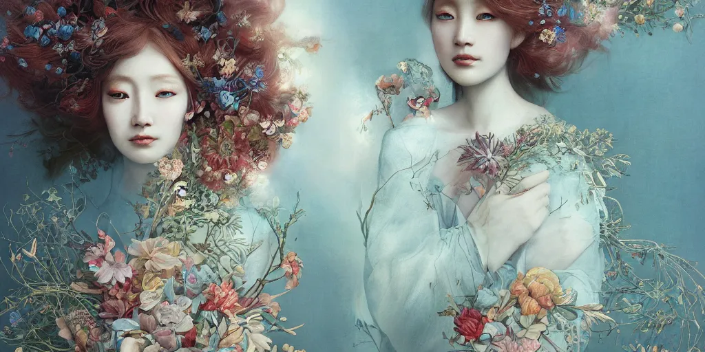 Image similar to breathtaking detailed concept art painting blend of two redhair goddess of light blue flowers by hsiao - ron cheng with anxious piercing eyes, vintage illustration pattern with bizarre compositions blend of flowers and fruits and birds by beto val and john james audubon, exquisite detail, extremely moody lighting, 8 k