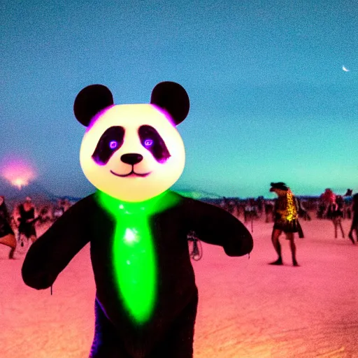 Prompt: a panda wearing led - lined clothing dancing at night on a busy playa at burning man