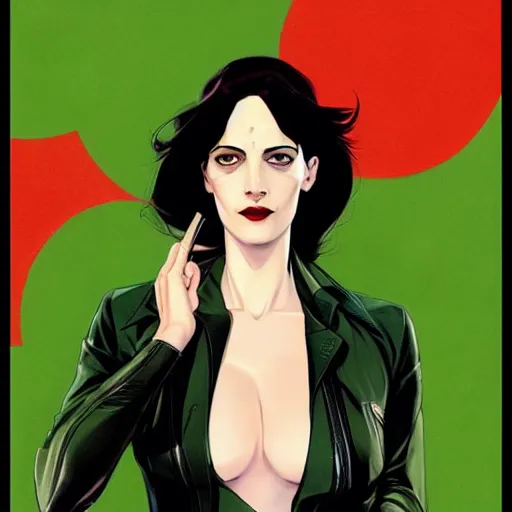 Image similar to Joshua Middleton comic art, wide shot, stunning elegant female Eva Green, spy, eye patch over left eye,beautiful evil smile, symmetrical face, symmetrical eyes, leather clothing, long straight green black hair, full body, Midnight pattern