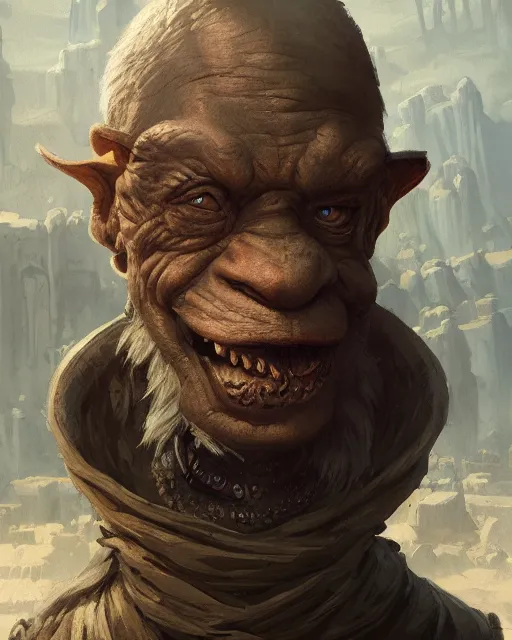 Image similar to A merchant selling treasuries, highly detailed face, fantasy art, goblin art, in the style of greg rutkowski, illustration, epic, fantasy, intricate, hyper detailed, artstation, concept art, smooth, sharp focus, ray tracing