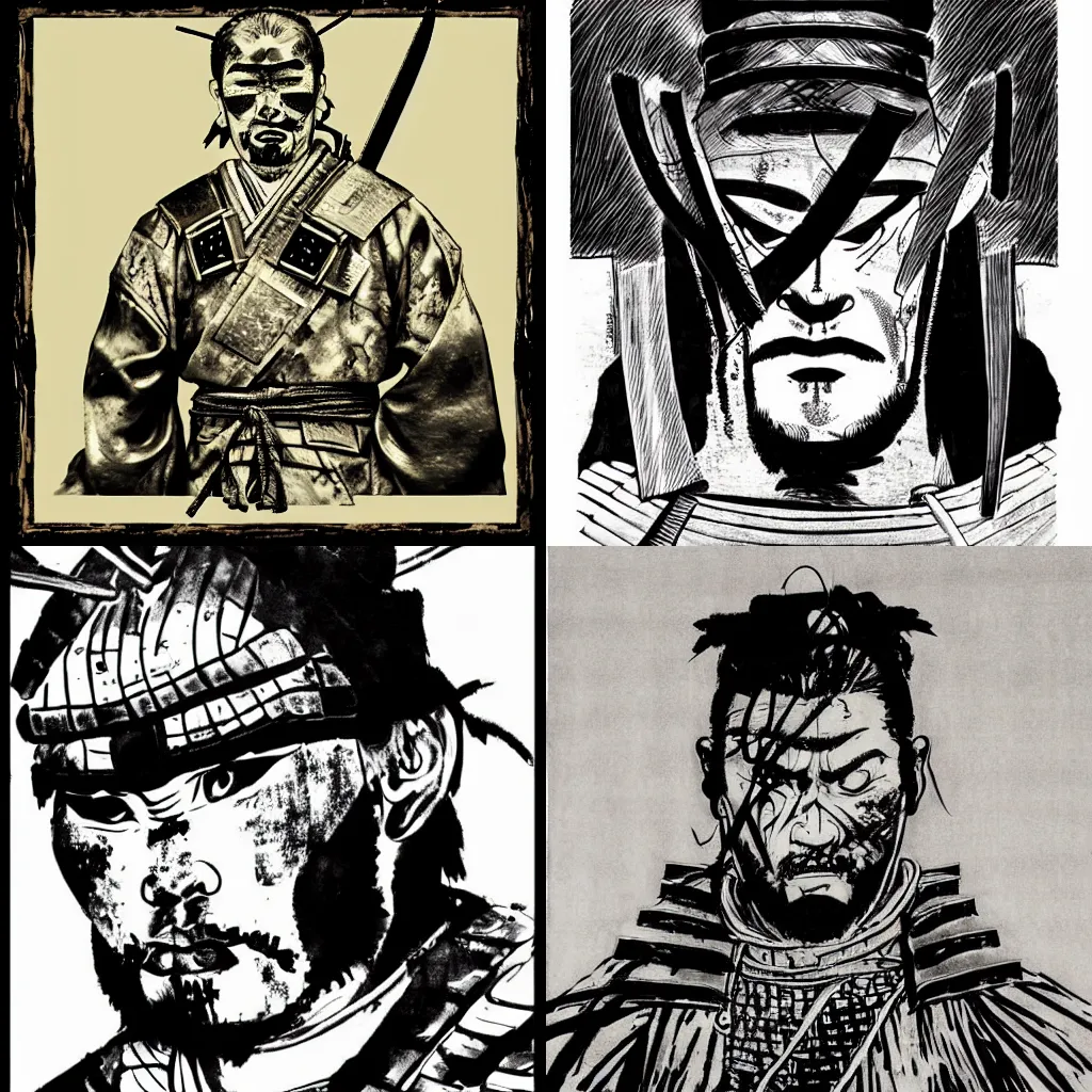 Prompt: Samurai portrait, battle scarred, dramatic, art by Frank Miller, black and white