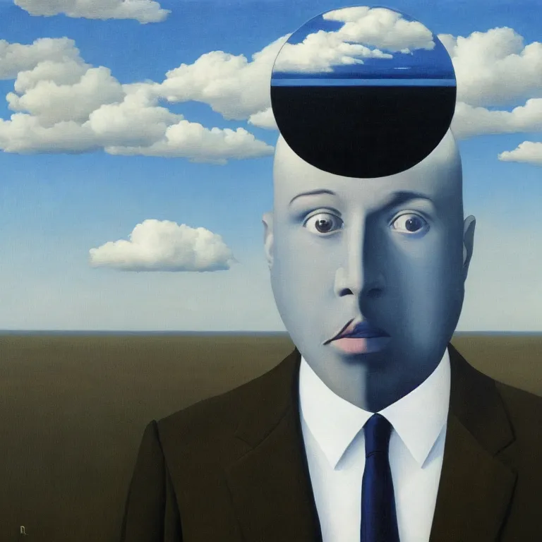 Image similar to portrait of a faceless reflective water - head man in a suit, clouds in the background, by rene magritte, detailed painting, distance, middle centered, hd, hq, high resolution, high detail, 4 k, 8 k