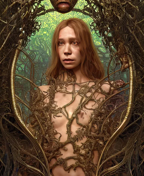 Image similar to intricate ornate opulent transparent clear see - through portrait of a terrifying ugly male alien centipede, mottled coloring, adorable, childlike, overgrown jungle environment, ultra realistic, concept art, art nouveau, photorealistic, octane render, 8 k, unreal engine. art by christopher marley and artgerm and greg rutkowski and alphonse mucha