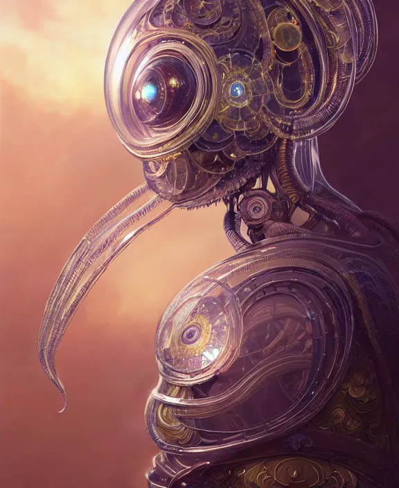 Prompt: intricate ornate opulent transparent clear see - through portrait of a robot beautiful alien nautilus, mottled coloring, adorable, childlike, pastoral environment, ultra realistic, concept art, art nouveau, photorealistic, octane render, 8 k, unreal engine. art by christopher marley and artgerm and greg rutkowski and alphonse mucha