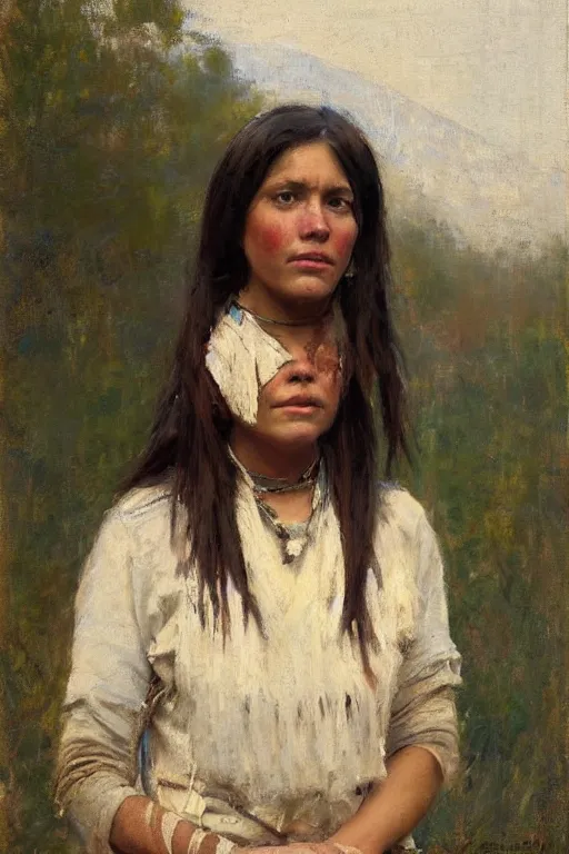 Image similar to Richard Schmid and Jeremy Lipking and Antonio Rotta full length portrait painting of a young beautiful traditonal american indian woman