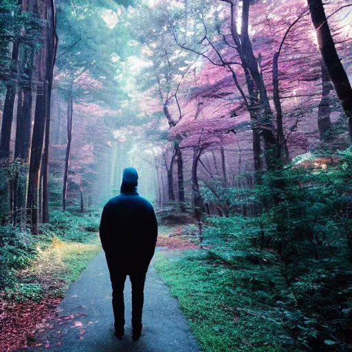 Image similar to 1 9 9 0 s candid 3 5 mm photo of a beautiful forest in tokyo, cinematic lighting, cinematic look, golden hour, the clouds are epic and colorful with cinematic rays of light, a man walks down the center of the forest with a beanie on, photographed by petra collins, uhd