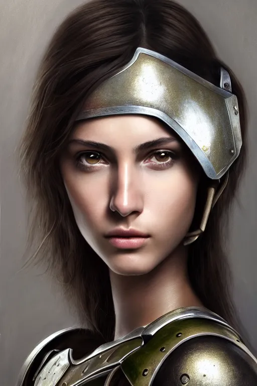 Image similar to a photorealistic painted portrait of an attractive young girl, partially clothed in metal-plated battle armor, olive skin, long dark hair, flawless skin, beautiful bone structure, symmetric facial features, perfect photorealistic eyes, natural physique, intricate, elegant, digital painting, concept art, finely detailed, beautifully illustrated, sharp focus, minimal artifacts, from Metal Gear, by Ruan Jia and Mandy Jurgens and Artgerm and William-Adolphe Bouguerea, trending on Artstation, award winning art