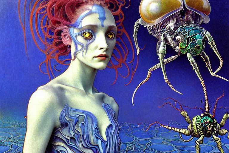 Image similar to realistic extremely detailed portrait closeup painting of a ghost woman with a beetle, futuristic sci-fi landscape on background by Jean Delville, Amano, Yves Tanguy, Alphonse Mucha, Ernst Haeckel, Edward Robert Hughes, Roger Dean, rich moody colours, blue eyes