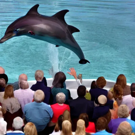 Image similar to a politician with a dolphin head talking to a crowd of Americans