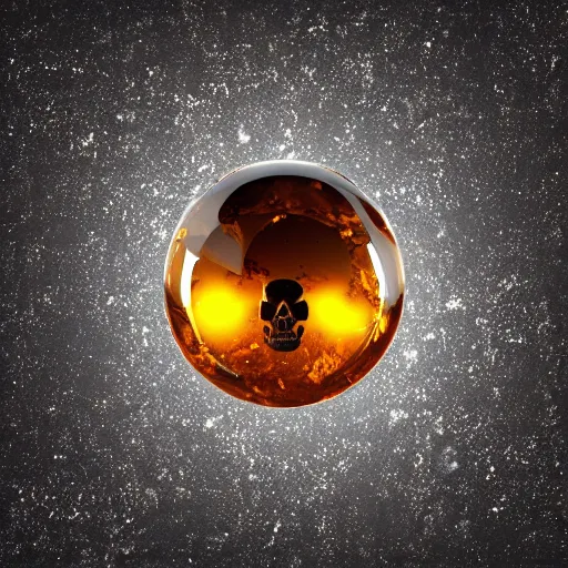 Image similar to a detailed alien skull encased inside amber sphere, photo realistic, hd,