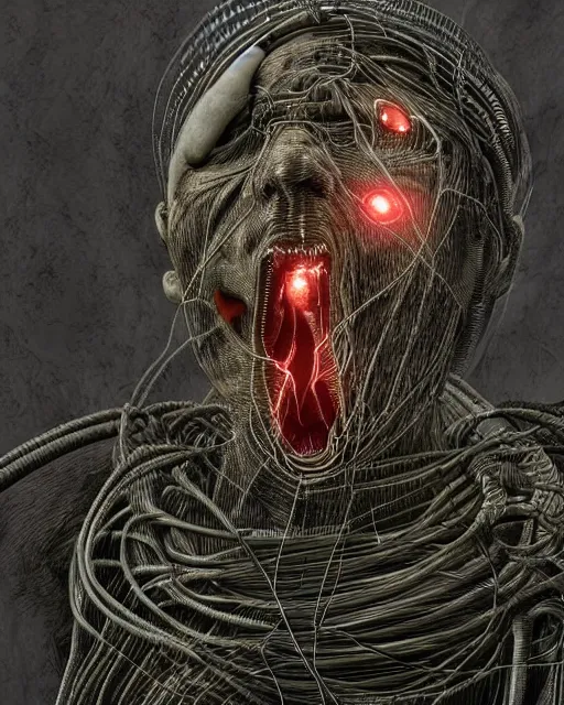 Image similar to a soldier writhing in pain with wires and cables bursting out of their right arm in the style of h. r. giger / david cronenberg / zdzisław beksinski trending on artstation deviantart pinterest hyper detailed photorealistic highlights and shadow hd 8 k post - processing high resolution