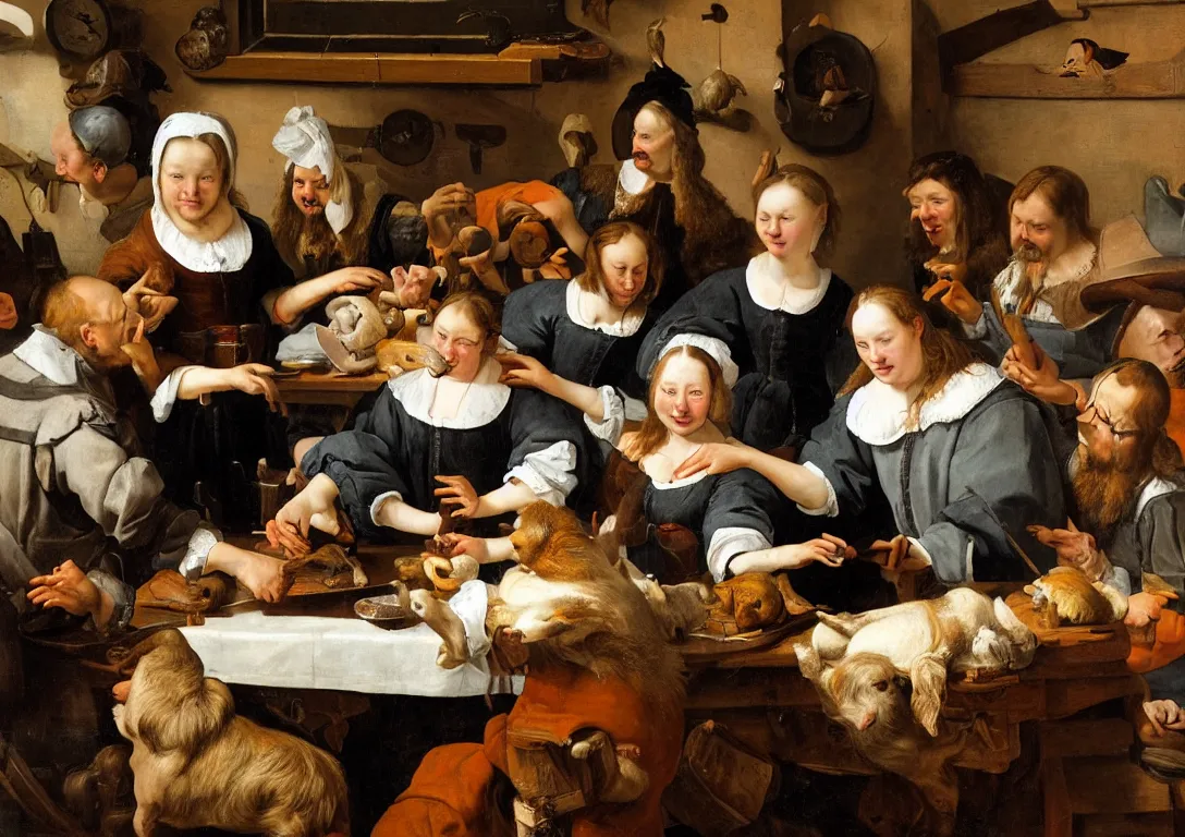 Prompt: Jan Steen. beautiful woman in the center looking at us. 5 people, pig, dog, duck, window. low ceiling, small chamber. Hyperrealistic, ultra detailed, 80mm, museum, artwork.